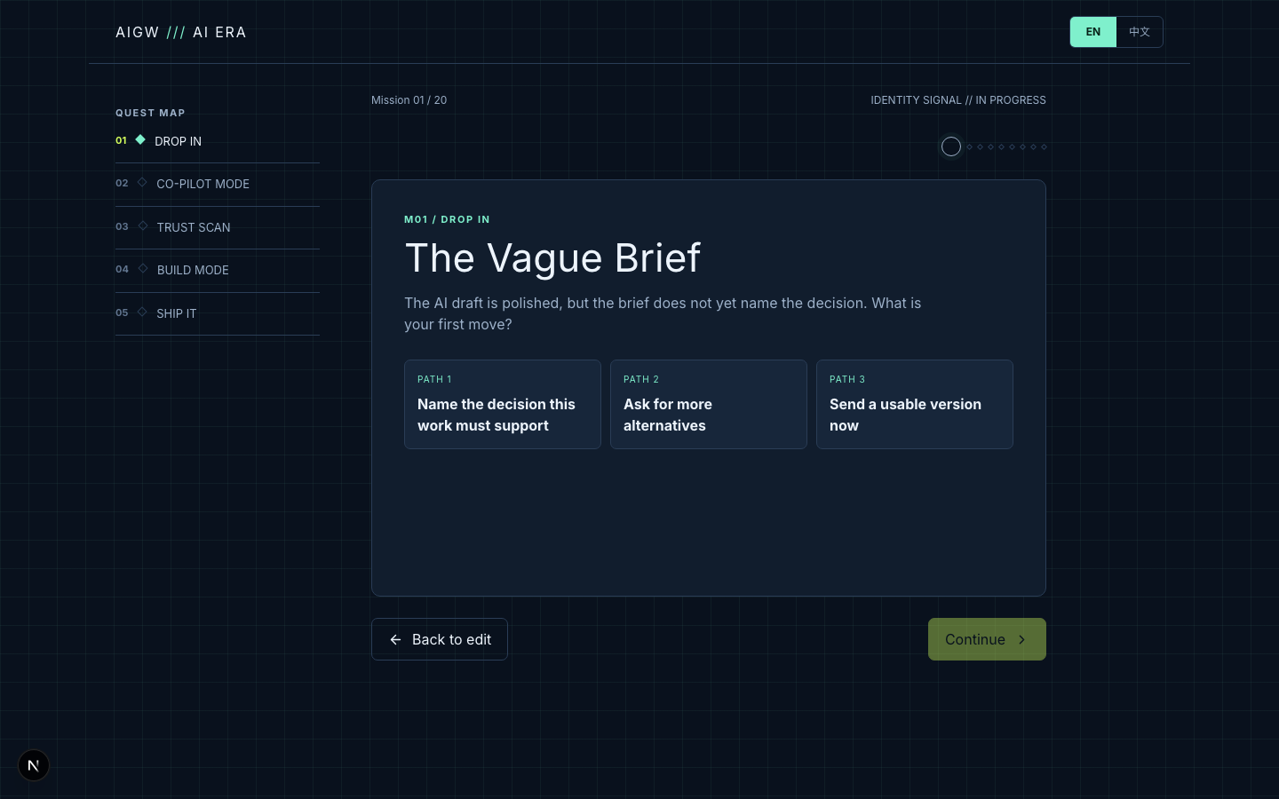 AI Era Player exploratory quest showing a participant choosing how to approach an AI-supported work decision